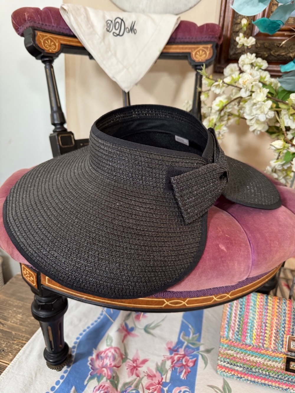 Black Women's Sun Visor with Decorative Bow